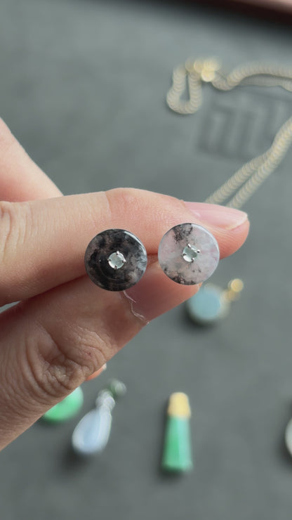 #E0301 "Bi" Highly Icy Ink Jadeite Jade 18K White Gold Earrings