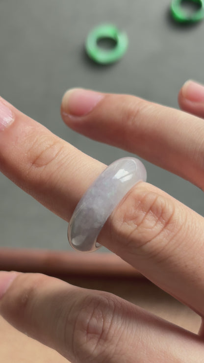 #R0608 Icy Light Lavender Green Flower Jadeite Jade Band Ring Size 8