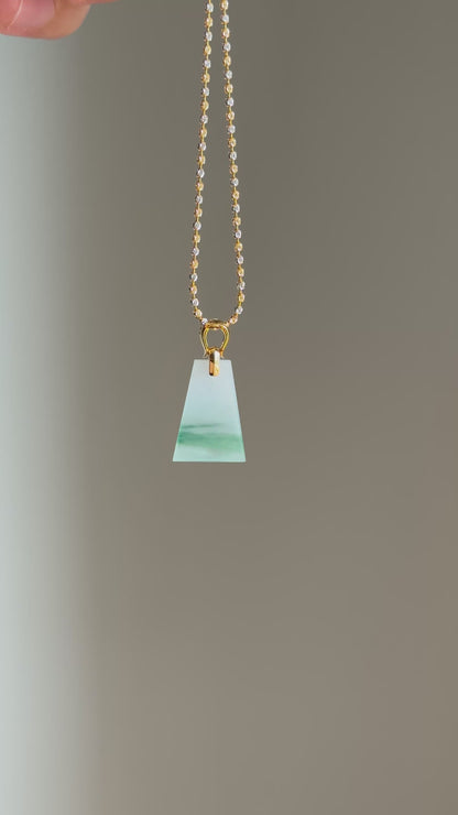 #P0518 "Wushi/Peace" Icy Sun Green White Jadeite Jade Peace 18K Yellow Gold Pendant