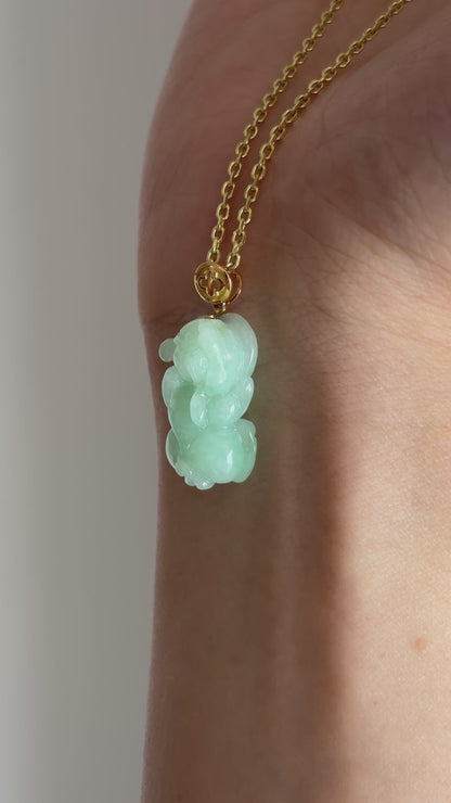 #P0499 "Pixiu" Light Apple Green Jadeite Jade 18K Yellow Gold Pendant
