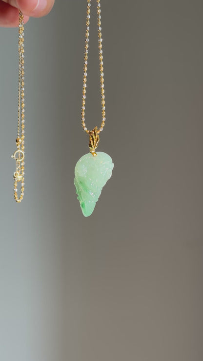 #P0533 "Fire Dragon" Icy Green Jadeite Jade 18K Yellow Gold Pendant