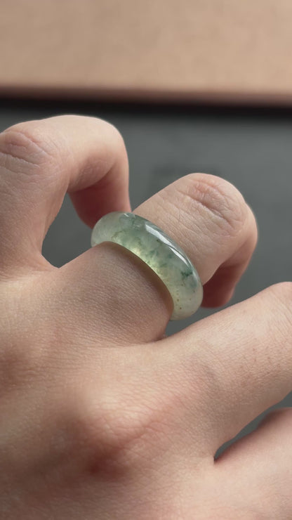 #R0611 Highly Icy Bluish Green and Yellow Flower Jadeite Jade Band Ring Size 8.25