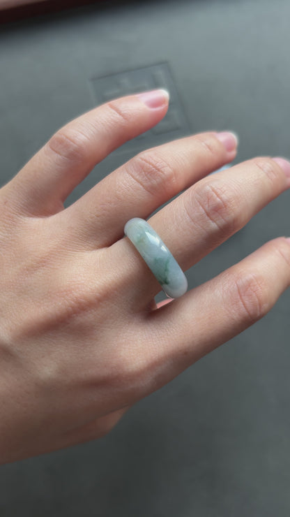 #R0619 "Monet" Icy Lavender Green Yellow Flower Jadeite Jade Band Ring Size 8