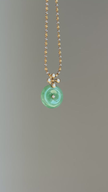 #P0570 "Blossom Bi" Icy Sun Green Jadeite Jade Donut 18K Yellow Gold Pendant