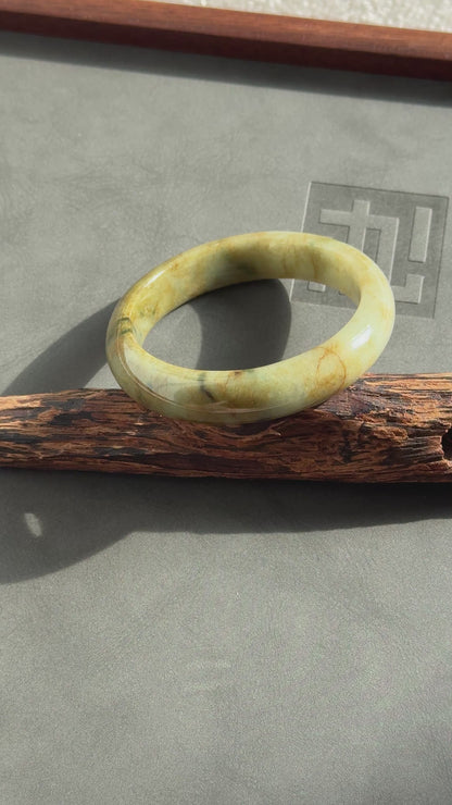 #0331 "Fall" Rich Yellow Green Flower Jade Bangle Size 58.5