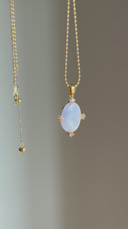 #P0536 Icy Vivid Lavender Jadeite Jade Cabochon 18K Yellow Gold Pendant