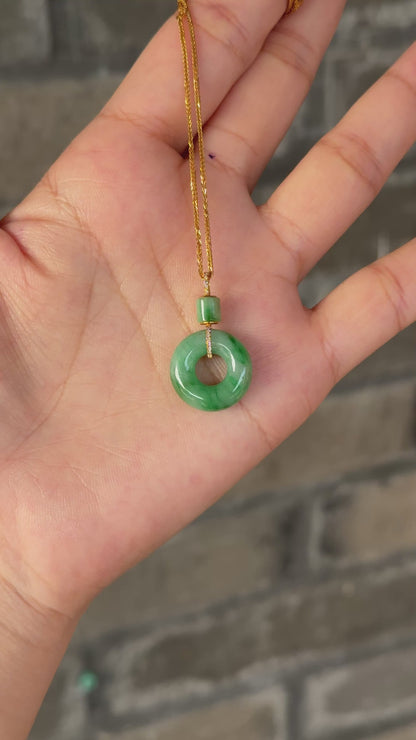 #P0436 "Bi" Vivid Green Jadeite Jade Donut 18K Yellow Gold VS Diamonds Pendant