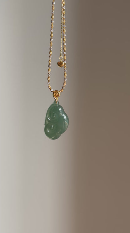 #P0527 "Ruyi / As Your Wish" Highly Icy Blue Water Rich Lake Green Jadeite Jade 18K Yellow Gold Pendant