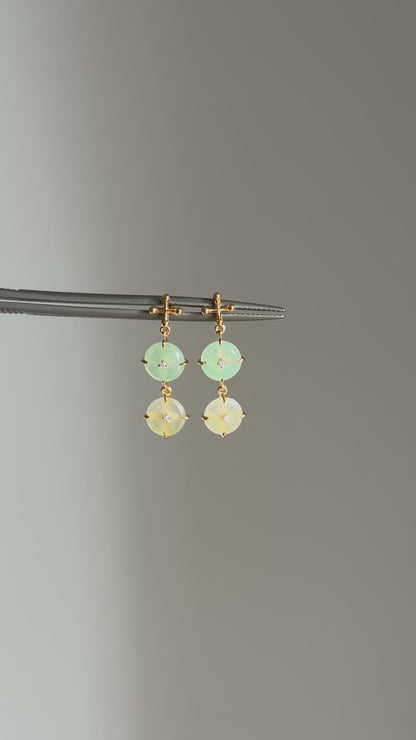 #E0307 "Blossom Bi" Highly Icy Green Jadeite Jade Donut Diamonds 18K Yellow Gold Earrings