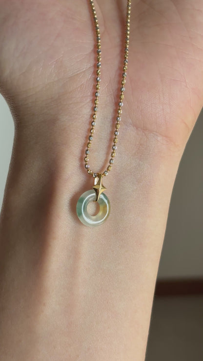 #P0525 "Bi" Highly Icy Golden Yellow Green Petite Jadeite Jade Donut 18K Yellow Gold Pendant