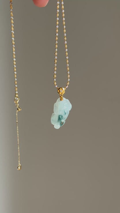 #P0547 "Pixiu" Icy Blue Flower Jadeite Jade 18K Yellow Gold Pendant