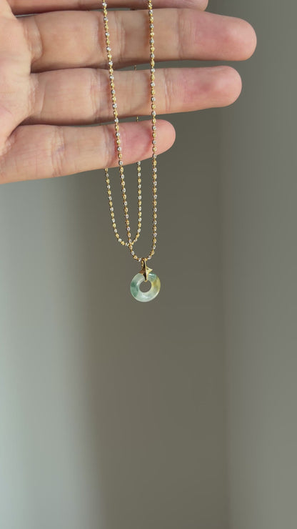 #P0525 "Bi" Highly Icy Golden Yellow Green Petite Jadeite Jade Donut 18K Yellow Gold Pendant