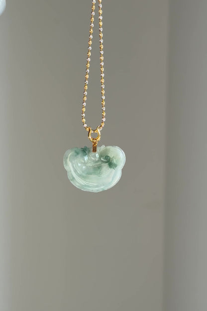 #P0517 "Ruyi / As Your Wish" Icy Green Flower Jadeite Jade 18K Yellow Gold Pendant