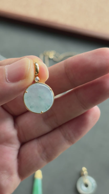 #0463 "Wushi/Peace" Icy Lavender Green Flower Jadeite Jade 18K Yellow Gold Pendant