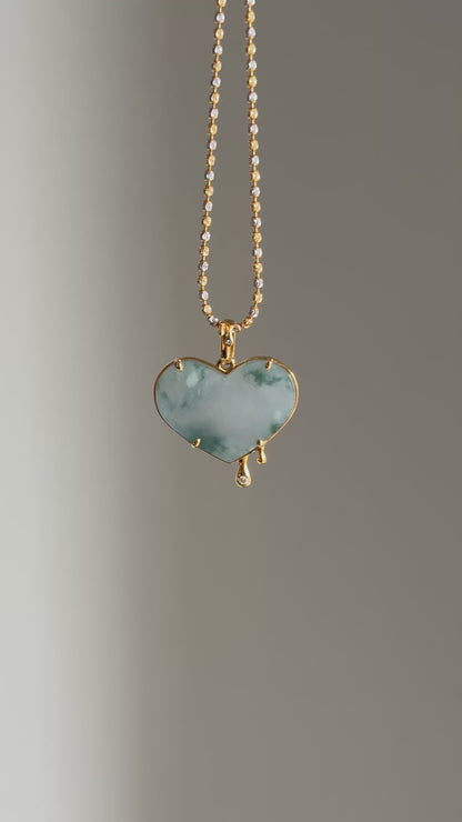 #P0470 "Melting Heart" Icy Lavender Green Flower Jadeite Jade 18K Yellow Gold Pendant