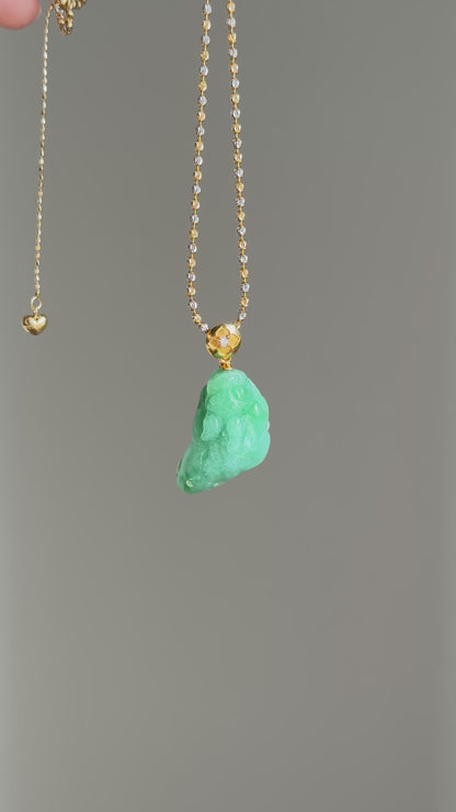 #P0526 "Pixiu" Icy Sun Green Jadeite Jade 18K Yellow Gold Pendant