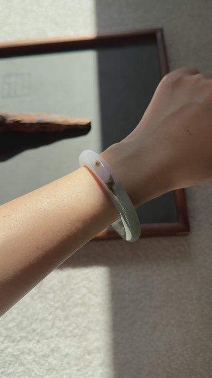 #0354 Icy Green White Yellow Flower Light Lavender Jade Bangle Size 55.7