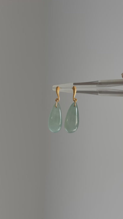 #E0305 "Water Drop" Icy Blue Green Jadeite Jade 18K Yellow Gold Earrings