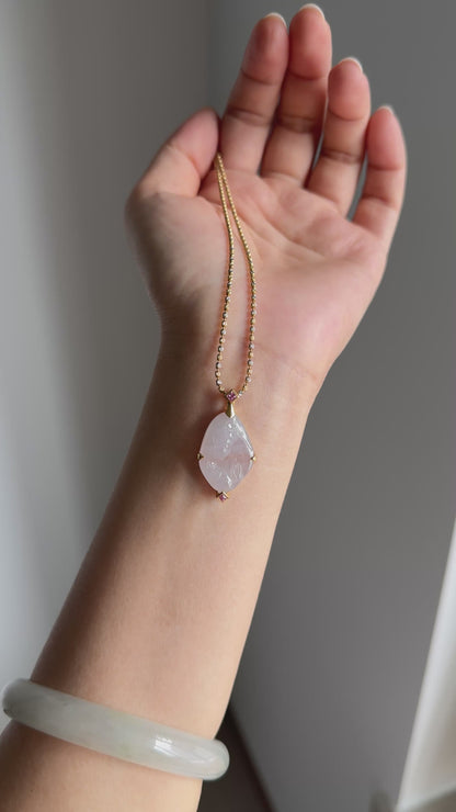 #P0556 "Guan Yin" Icy Light Pink Red White Jadeite Jade 18K Yellow Gold Pendant