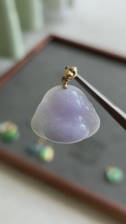 #0438 "Buddha" Spring Lavender & Green Jadeite Jade 18K Yellow Gold Pendant