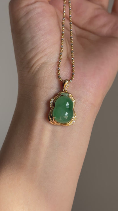 #P0568 "Hulu/Gourd" Icy Imperial Sun Green Jadeite Jade 18K Yellow Gold Pendant