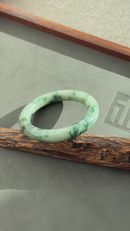 #0326 Green Flower Jade Bangle Size 54.5 (Fits up to 56)
