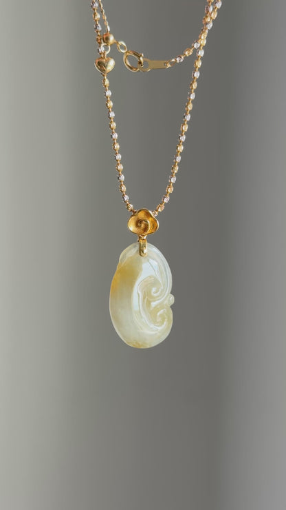 #P0488 "Ruyi / As Your Wish" Icy Yellow Golden Jadeite Jade 18K Yellow Gold Pendant