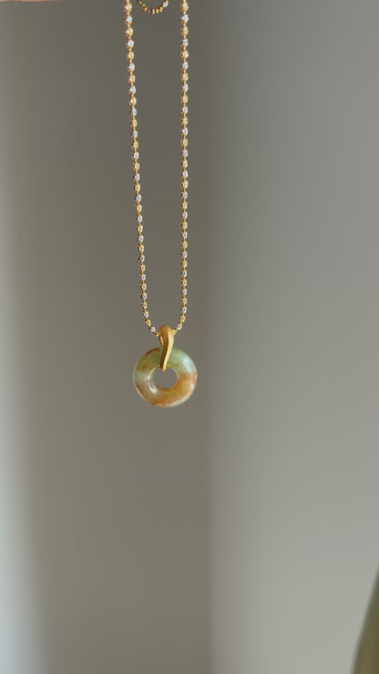 #P0524 "Bi" Icy Yellow Red Flower Jadeite Jade Donut 18K Yellow Gold Pendant