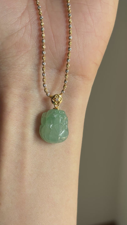 #P0522 "Pixiu" Icy Green Jadeite Jade 18K Yellow Gold Pendant