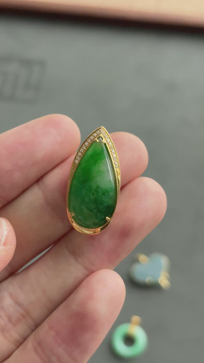 #0469 "Water Drop" Icy Imperial Green Jadeite Jade 18K Yellow Gold Pendant