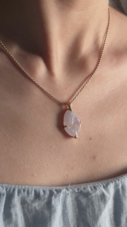 #P0556 "Guan Yin" Icy Light Pink Red White Jadeite Jade 18K Yellow Gold Pendant