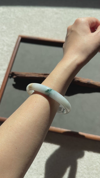 #0353 Bluish Green Flower Yellow Lavender White Jade Bangle Size 62.6