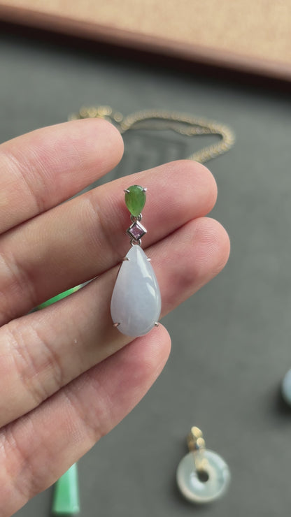#0461 "Water Drop" Icy Lavender & Sun Green Jadeite Jade Pink Sapphire 18K White Gold Pendant
