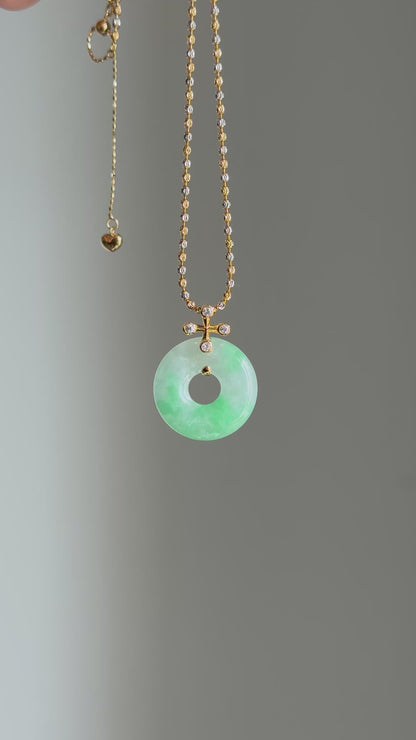 #P0498 "Bi" Icy Bright Sun Green Jadeite Jade Donut 18K Yellow Gold Pendant