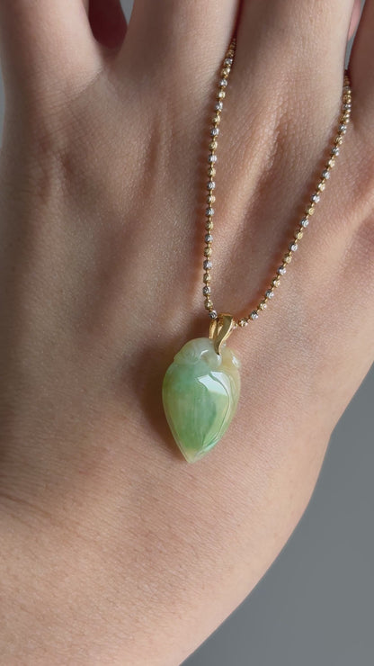 #P0479 "Fortune Peach" Yellow and Sun Green Jadeite Jade 18K Yellow Gold Pendant