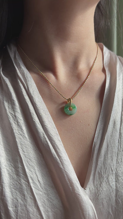 #P0480 "Bi" Icy Imperial Sun Green Jadeite Jade Donut 18K Yellow Gold Pendant