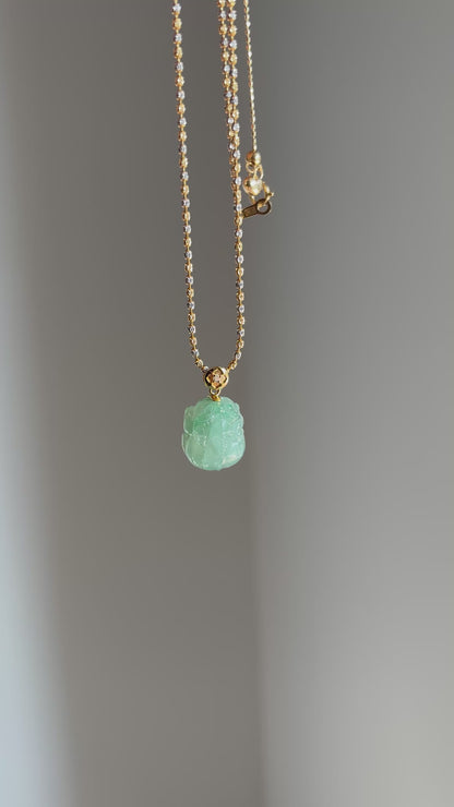 #P0522 "Pixiu" Icy Green Jadeite Jade 18K Yellow Gold Pendant