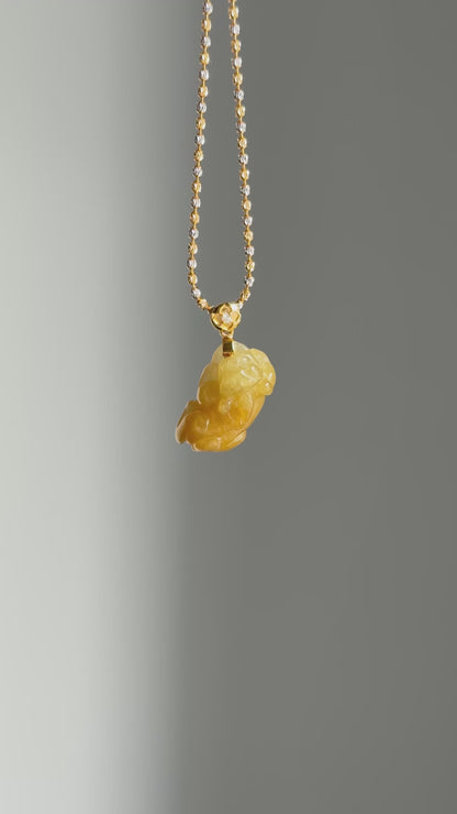 #P0512 "Pixiu" Icy Golden Yellow Jadeite Jade 18K Yellow Gold Pendant