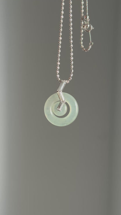 #P0495 "Bi" Highly Icy Light Green Jadeite Jade Donut 18K White Gold Pendant