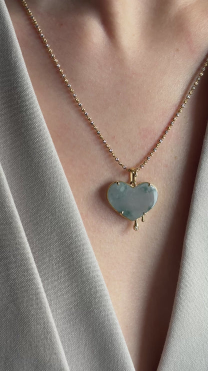 #0470 "Melting Heart" Icy Lavender Green Flower Jadeite Jade 18K Yellow Gold Pendant