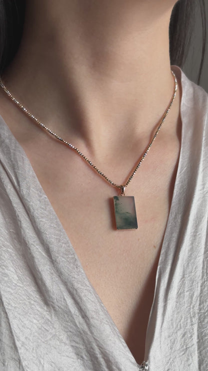 #P0486 "Wushi/Peace" Highly Icy Bluish Green Jadeite Jade Peace 18K Rose Gold Pendant