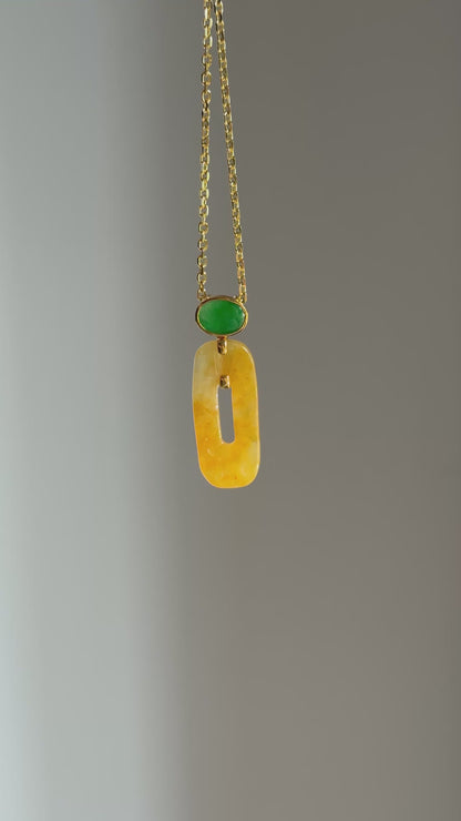 #P0538 "Retro Bi" Icy Golden Yellow Bi & Imperial Green Cabochon Jadeite Jade 18K Yellow Gold Pendant