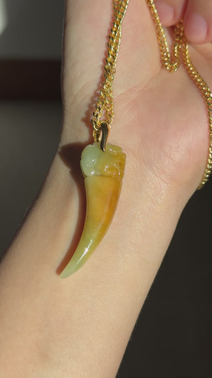 #P0560 "Dragon's Fang" Golden Yellow Green Jadeite Jade 18K Yellow Gold Pendant