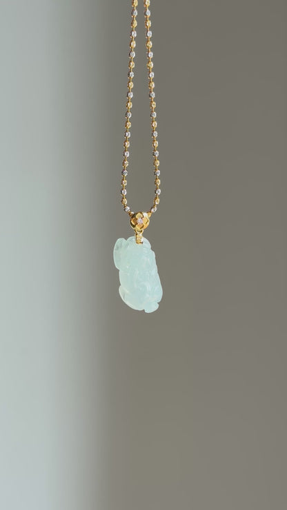 #P0531 "Pixiu" Icy Light Green Jadeite Jade 18K Yellow Gold Pendant