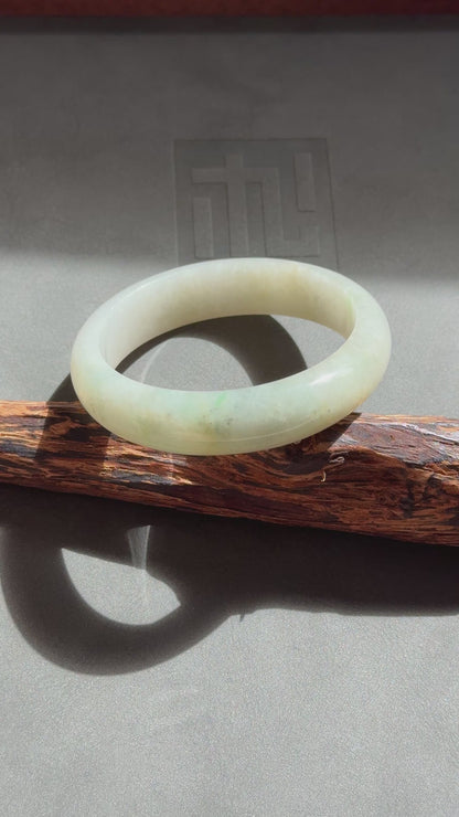 #0314 Icy Yellow Ink Green Flower Jade Bangle Size 55.6