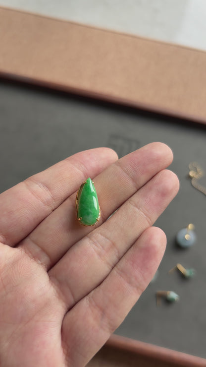 #0465 "Water Drop" Vivid Sun Green Jadeite Jade 18K Yellow Gold Pendant