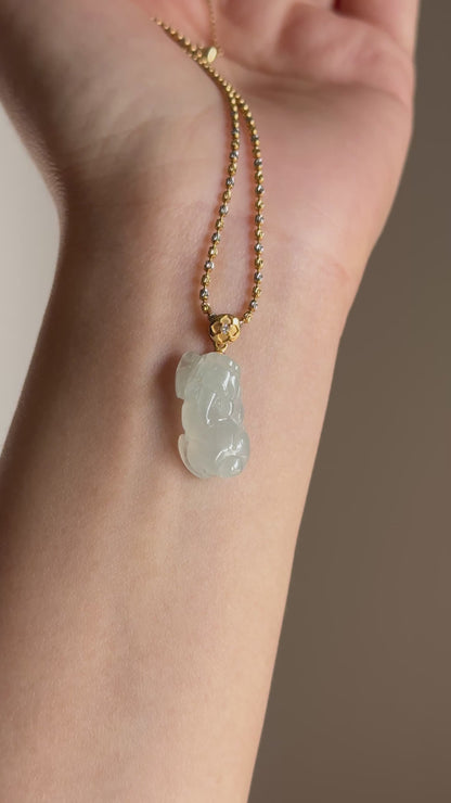 #P0531 "Pixiu" Icy Light Green Jadeite Jade 18K Yellow Gold Pendant