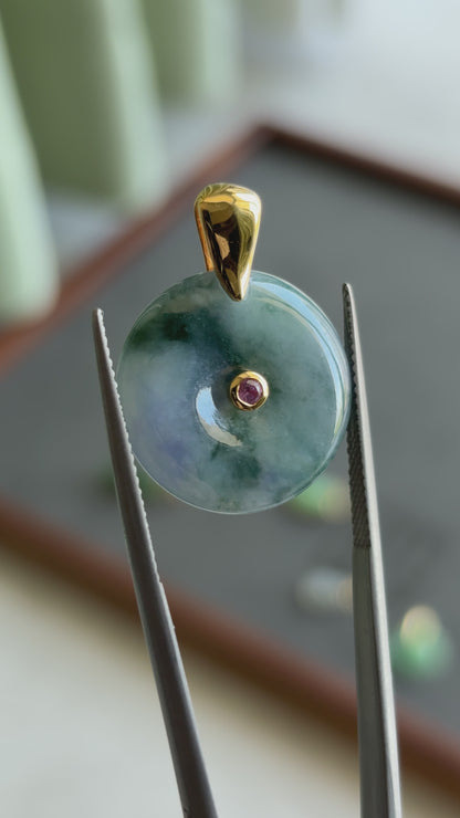 #0448 "Ping An Kou" Icy Monet Lavender & Green Jadeite Jade Donut 18K Yellow Gold Pendant