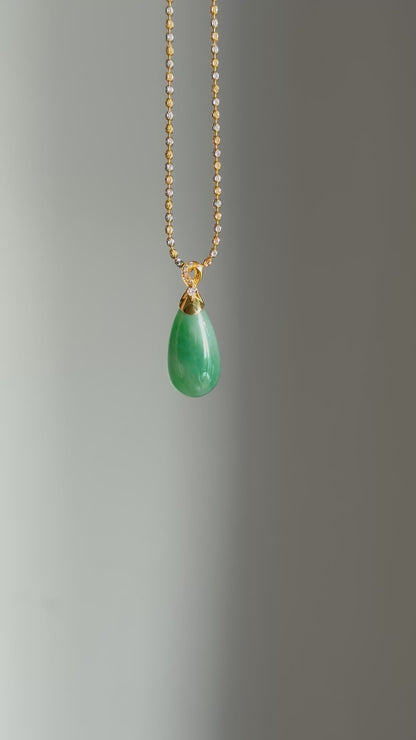 #P0501 "Water Drop" Icy Rich Green Jadeite Jade 18K Yellow Gold Pendant