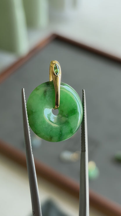#0447 "Ping An Kou" Silky Rich Green Jadeite Jade Donut 18K Yellow Gold Pendant